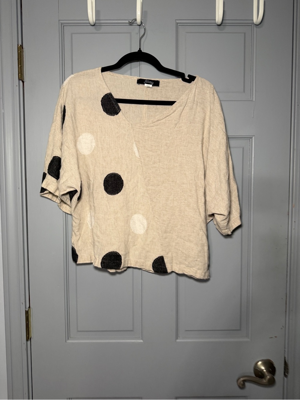 Ever Sassy Relaxed Polka Dot Linen-Blend Top - Beige